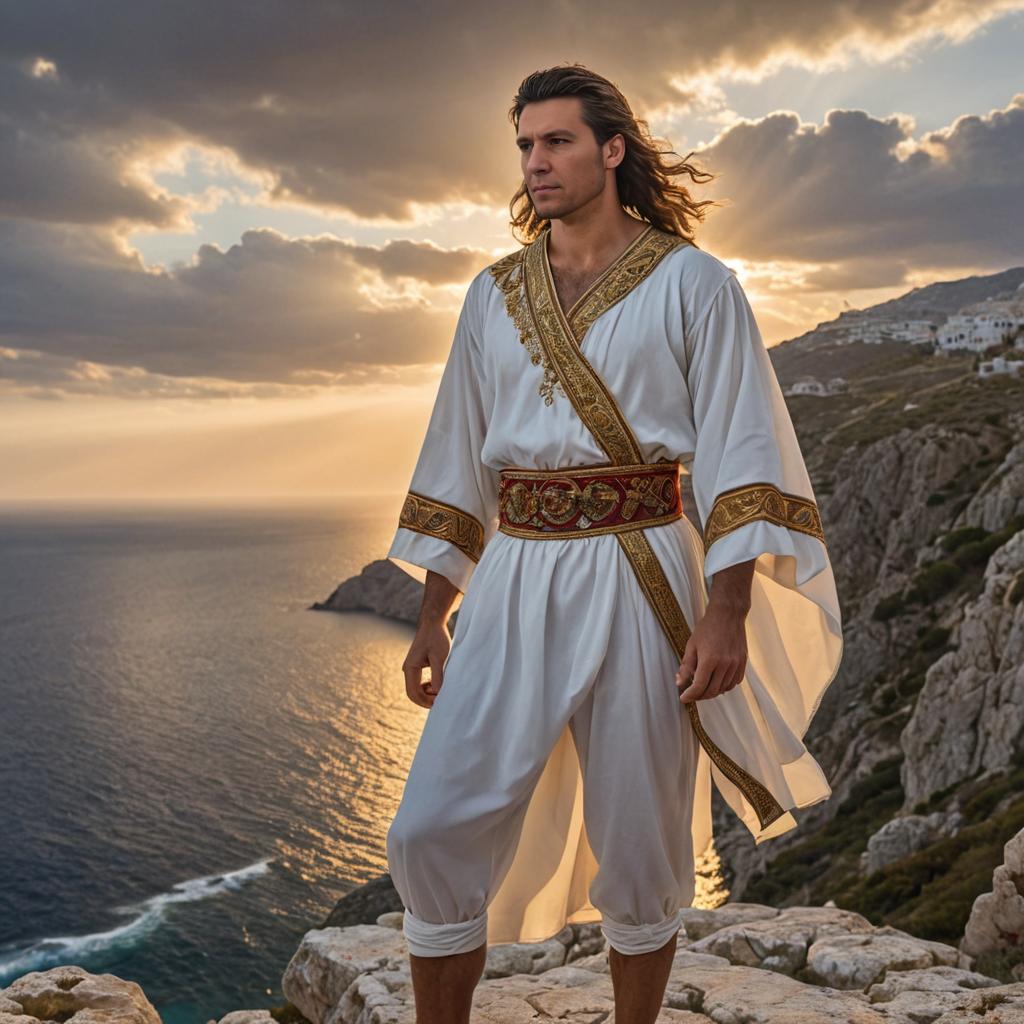 Man in Greek Clothing on Cliff at Sunset