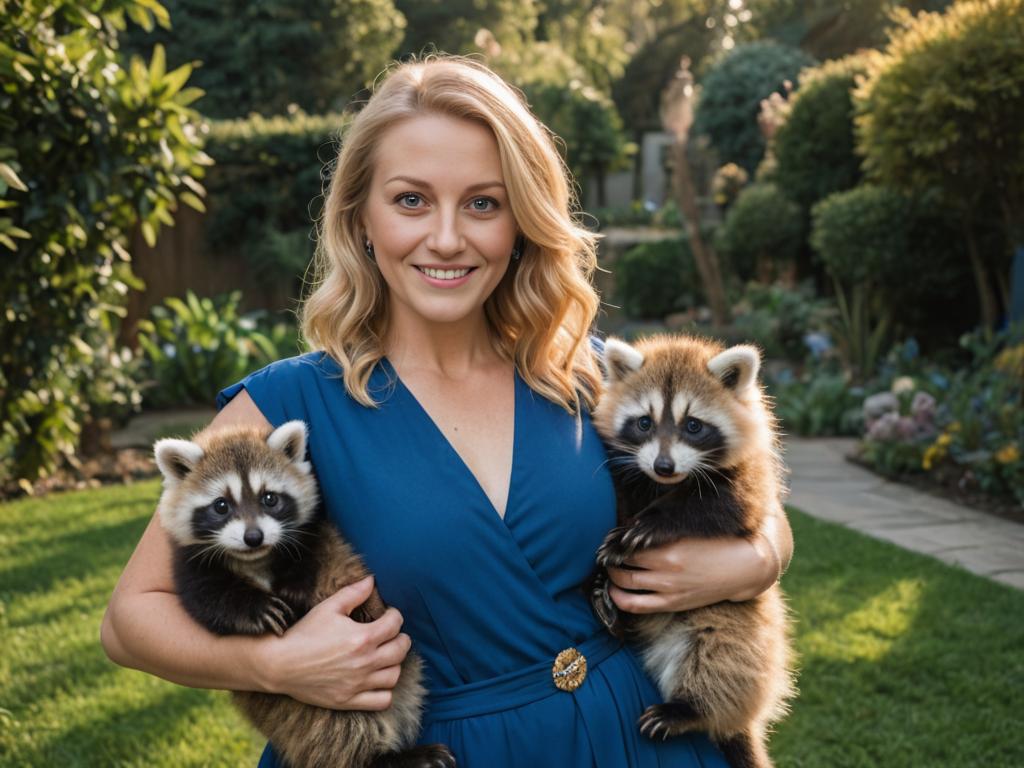 Radiant Woman with Raccoons in Garden