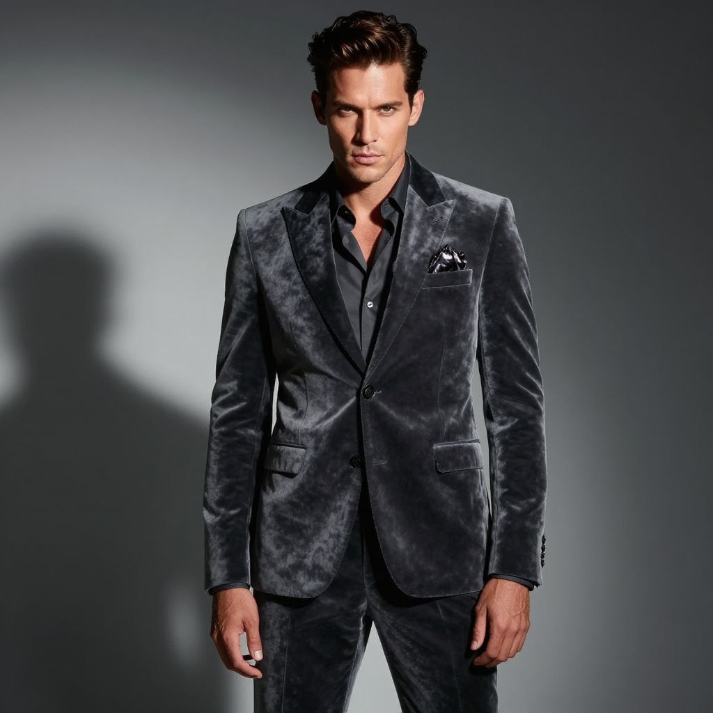 Man in Dark Grey Velvet Suit with Black Dress Shirt Fashion Portrait