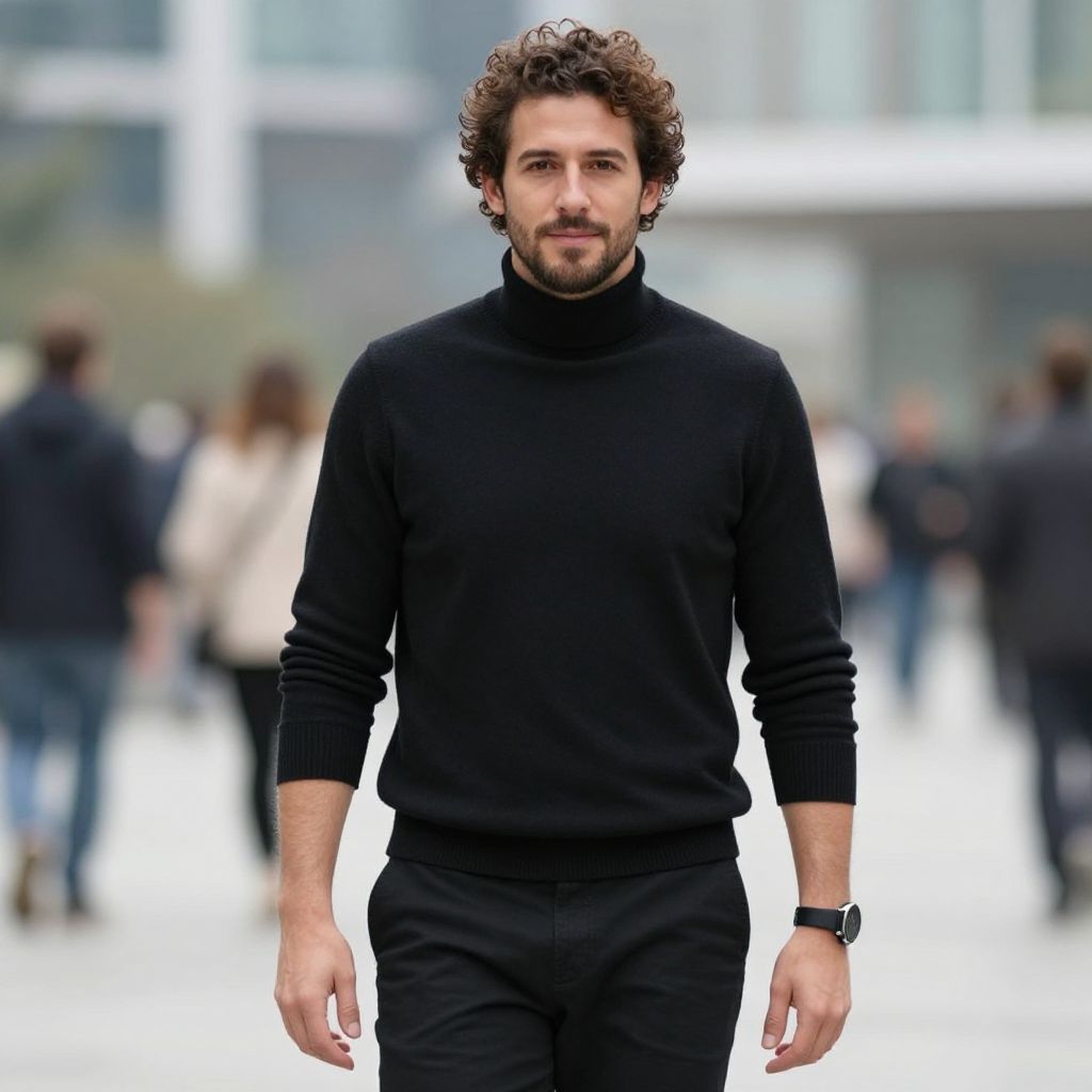 Confident Man Walking in Urban Setting Wearing Black Turtleneck