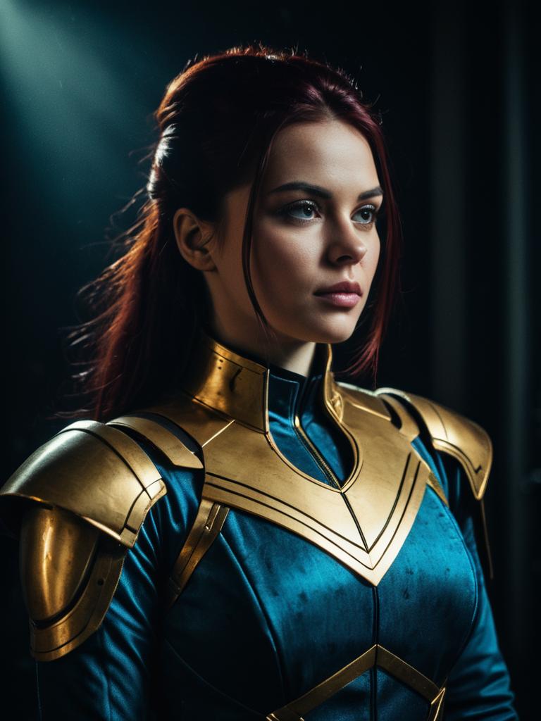 Realistic Woman Nebula Cosplay in Blue and Gold Armor Costume