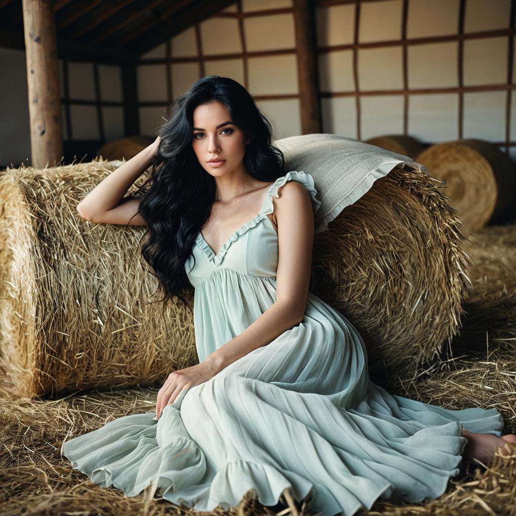 Elegant Woman in Flowing Dress Posing on Hay Bale in Rustic Barn