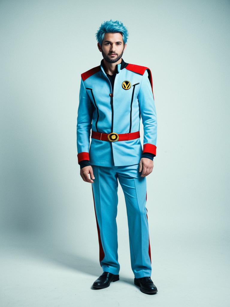 Man in Light Blue Pant Matching Cosplay Costume with Blue Hair