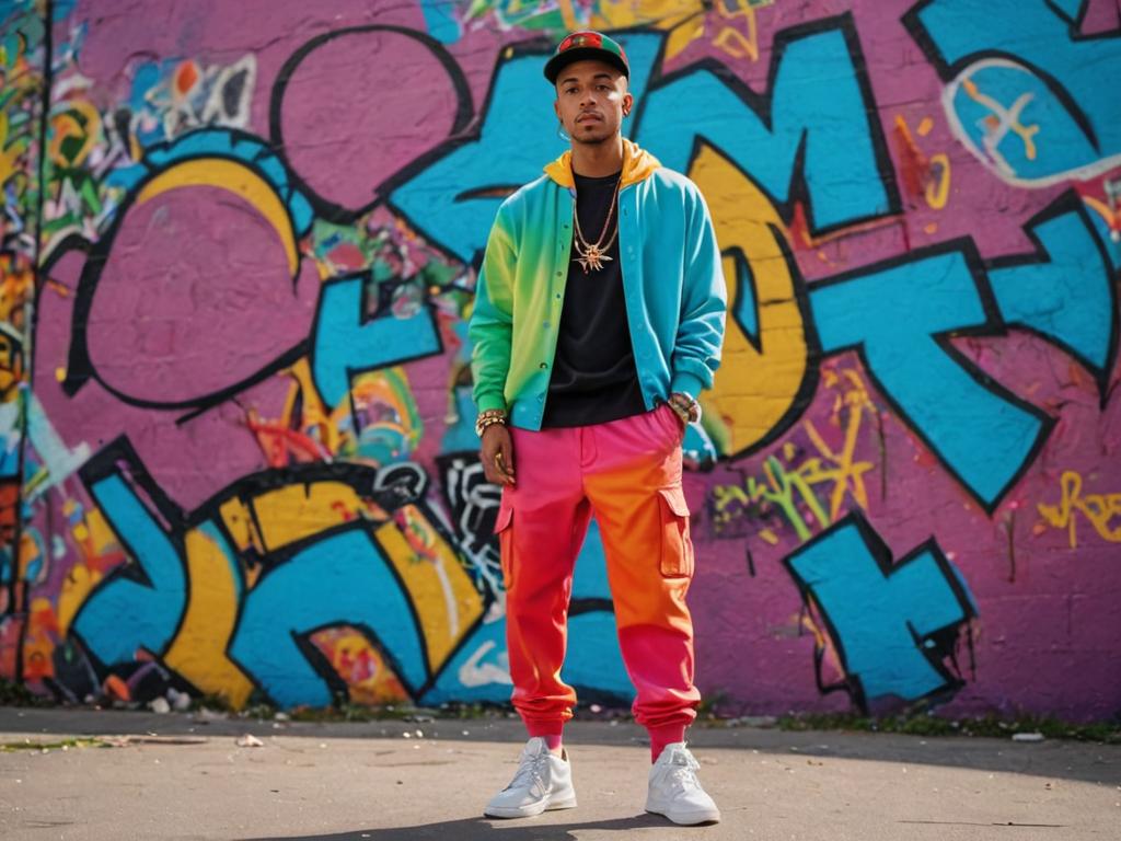 Man in Hip-Hop Fashion by Graffiti Wall