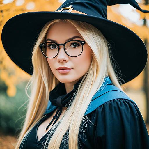 Blonde Woman in Witch Hat and Glasses Autumn Portrait