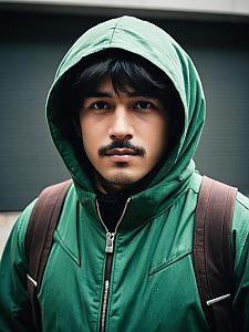 Man in Realistic Bulat Cosplay Costume with Green Hooded Jacket