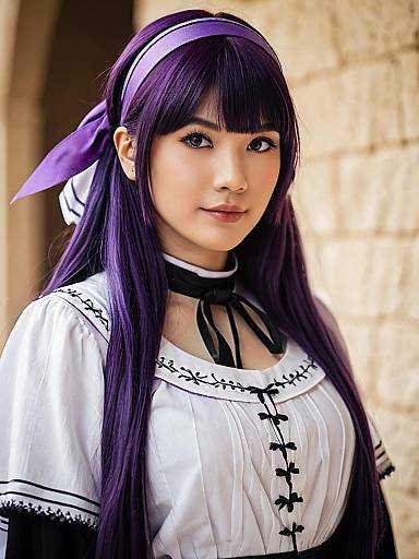 Portrait of Woman in Vintage Style Dress with Purple Hair and Headband