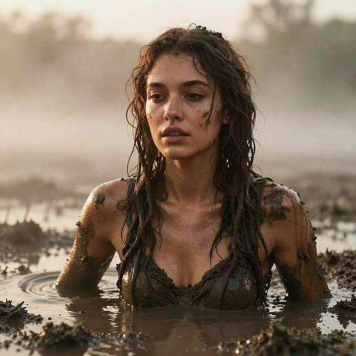 Young Woman Emerging from Muddy Swamp with Natural Raw Aesthetic