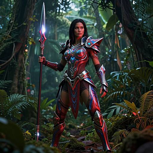 Futuristic Woman Warrior in Glowing Armor Holding Spear in Jungle