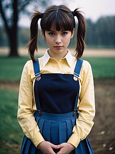 Young Woman in Vintage Pinafore Dress with Ponytails Outdoor Portrait