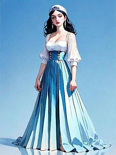 Realistic Comic Style Full Body Portrait of Woman in Classic Blue Dress