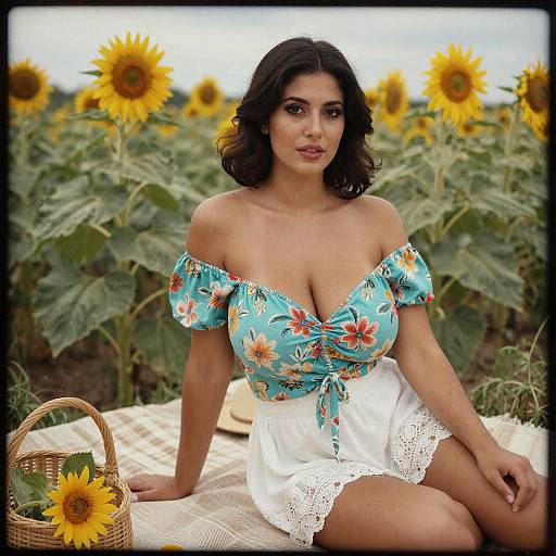 Voluptuous Woman in Turquoise Off-Shoulder Floral Top and White Shorts in Sunflower Field