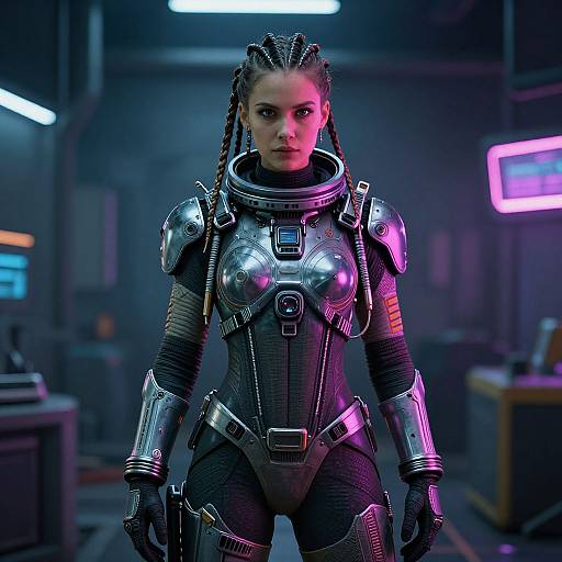 Futuristic Woman in Metallic Space Suit with Braided Hair in Cyberpunk Environment