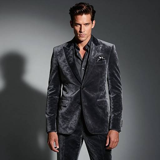 Man in Dark Grey Velvet Suit with Black Dress Shirt Fashion Portrait