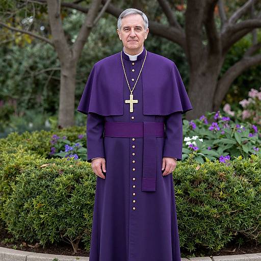 Catholic Bishop in Traditional Purple Cassock Standing in Garden