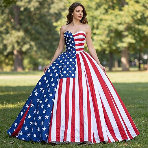 Woman Wearing American Flag Strapless Ball Gown Dress Outdoors