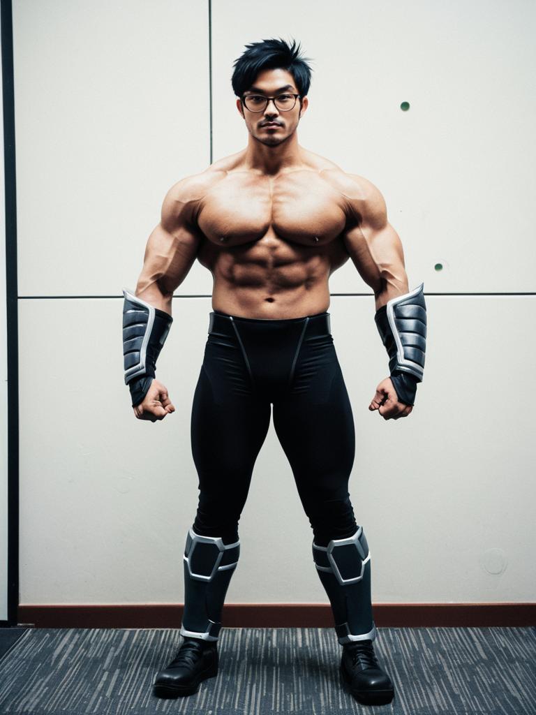 Motoori Shiro Cosplay Featuring Muscular Man in Black Outfit and Armor
