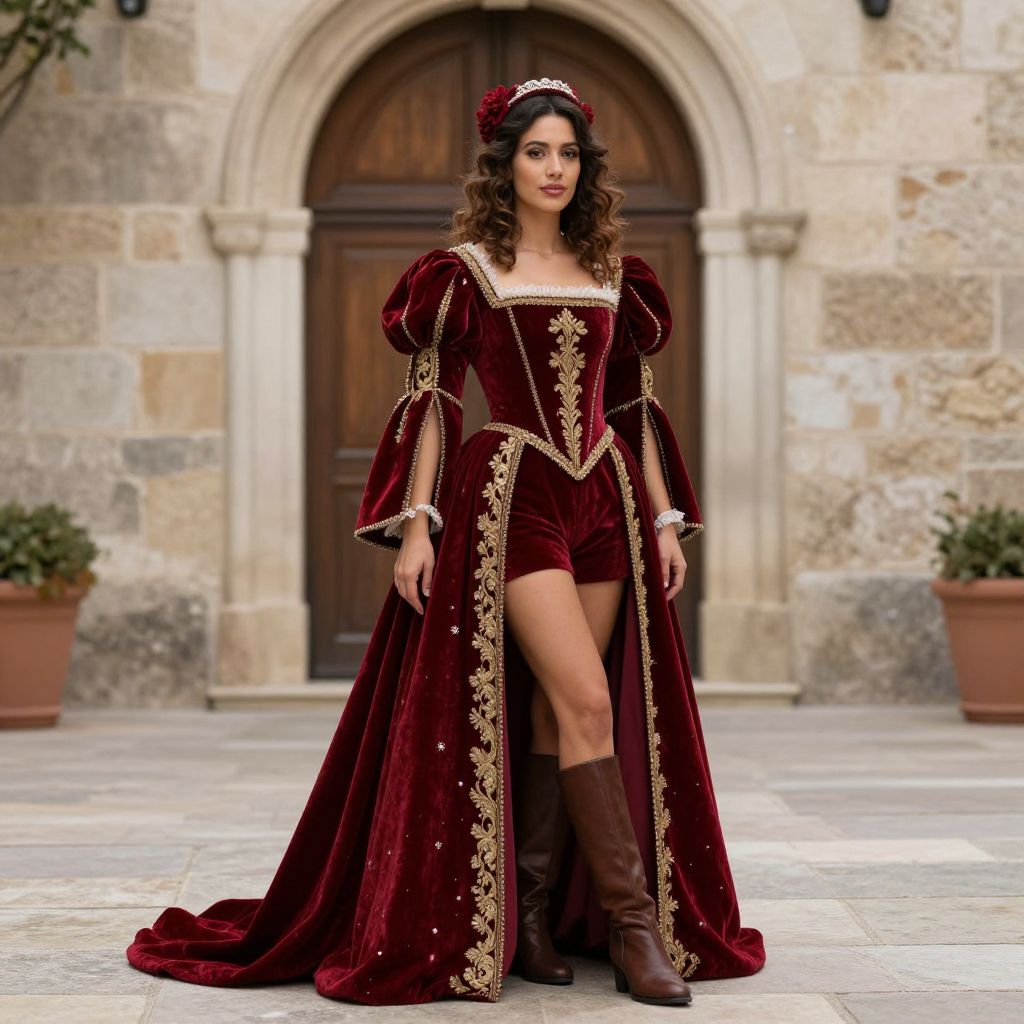 Woman in Elegant Red Velvet Renaissance Costume with Gold Embroidery