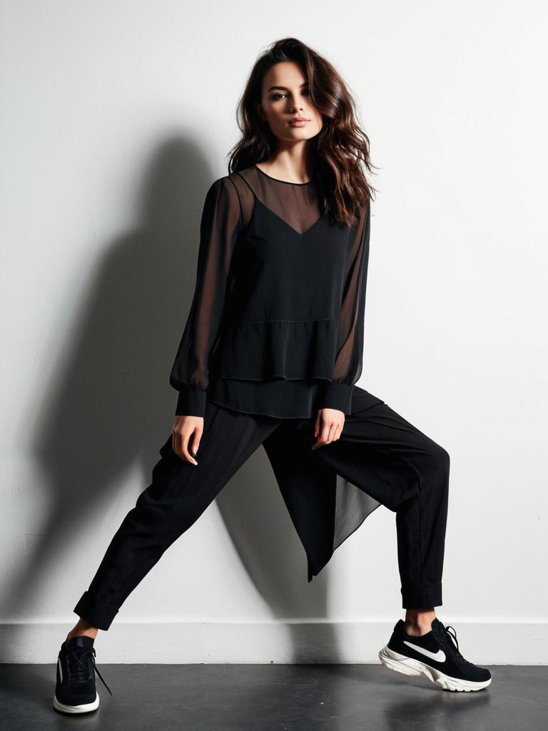 Woman Wearing Contemporary Casual Layered Black Semi-Sheer Blouse and Black Pants