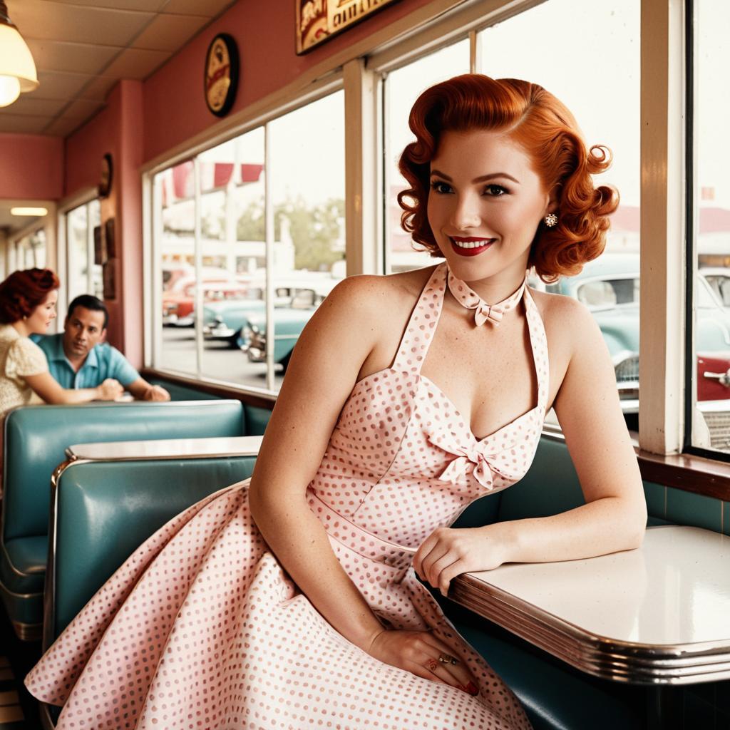 1950s Pin-Up Style Woman in Polka Dot Dress at Retro Diner