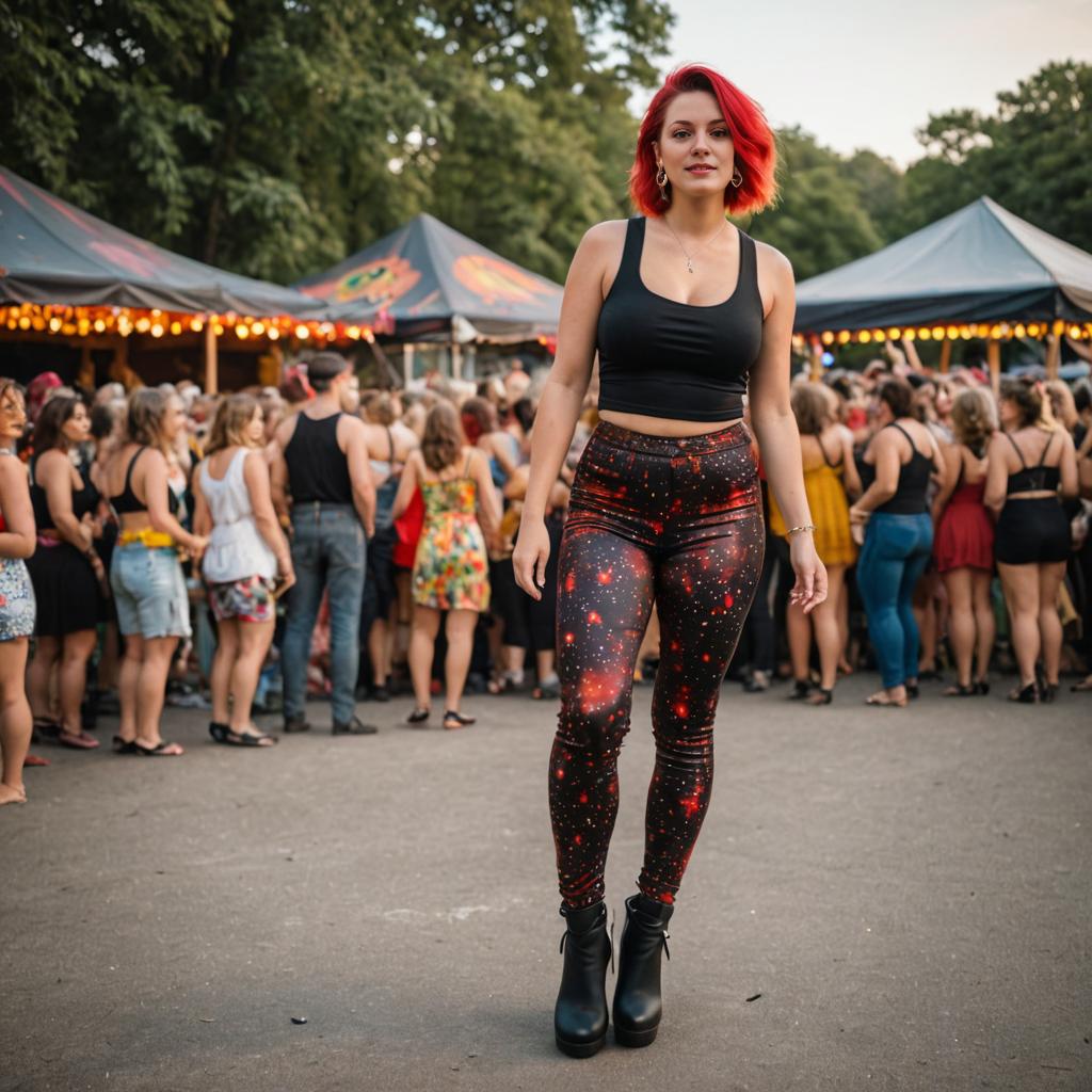 Stylish woman with red hair in cosmos-themed attire at outdoor event