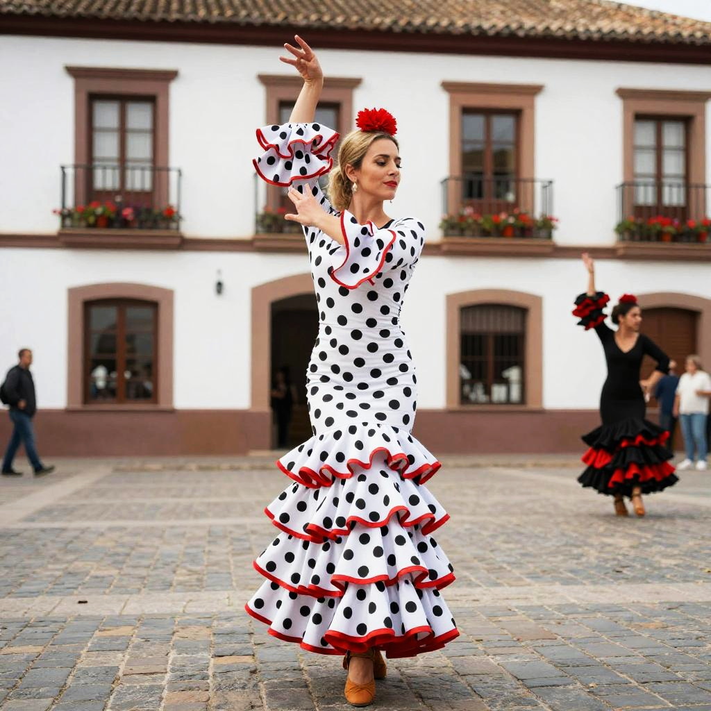 Woman Dancing Flamenco in Polka Dot Dress in Spanish Plaza