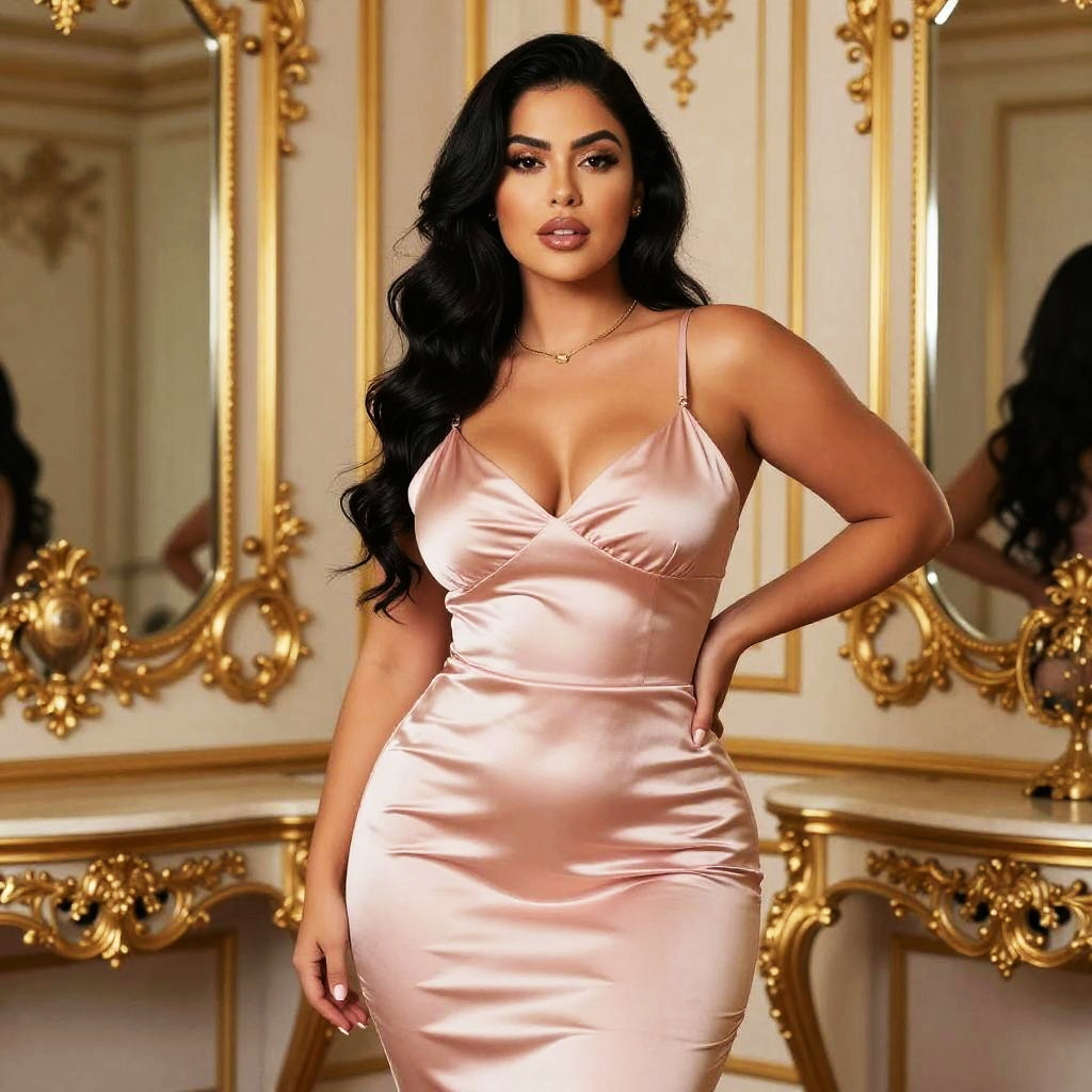 Elegant Woman in Pink Satin Dress with Gold Ornate Mirrors Background