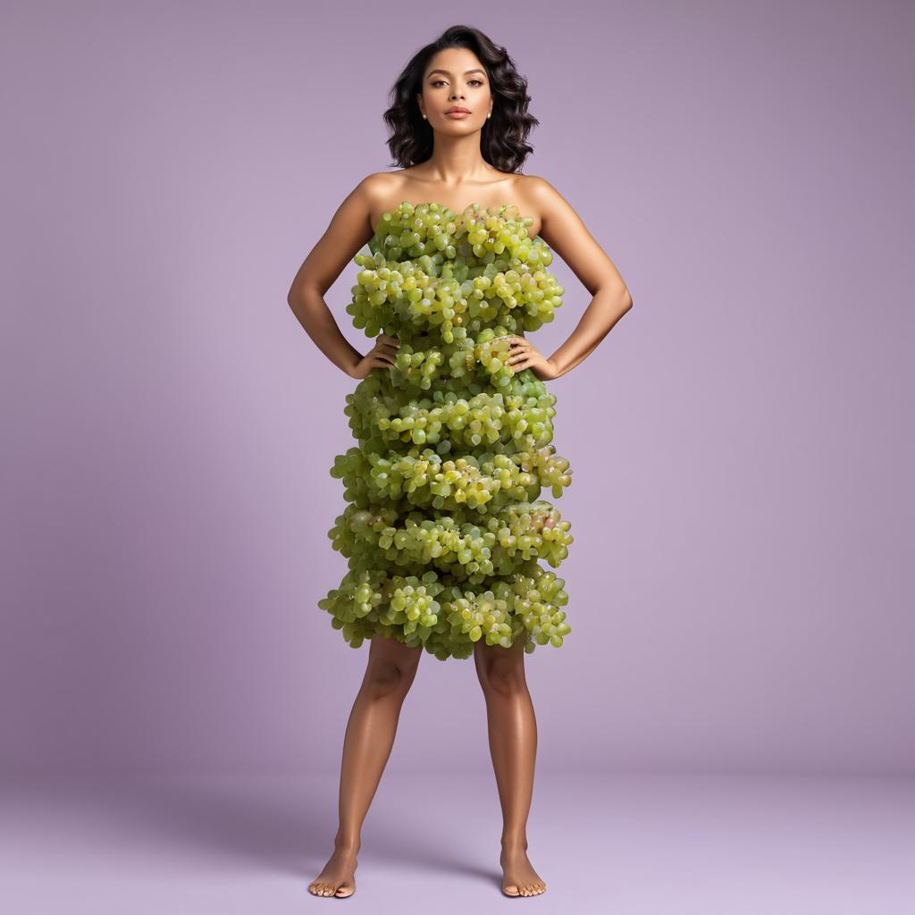 Woman in Dress Made of Green Grapes