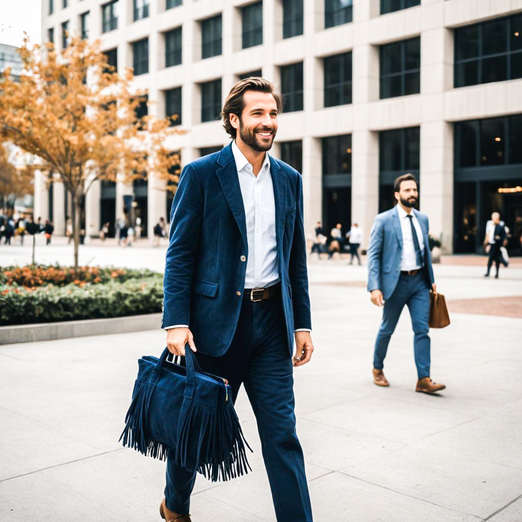 Stylish man in urban setting with fringed bag