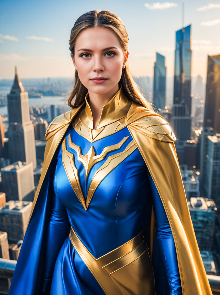 Superhero Woman in Blue and Gold Costume Against City Skyline