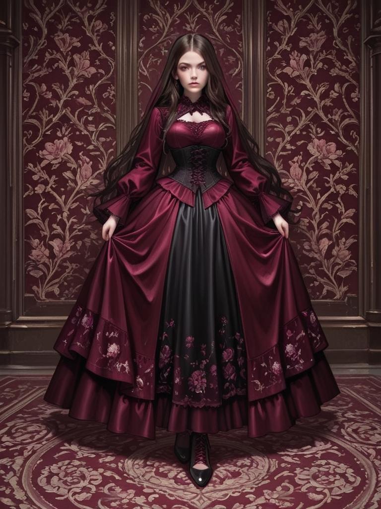 Realistic Portrait of Woman in Burgundy Corset-Inspired Victorian Dress