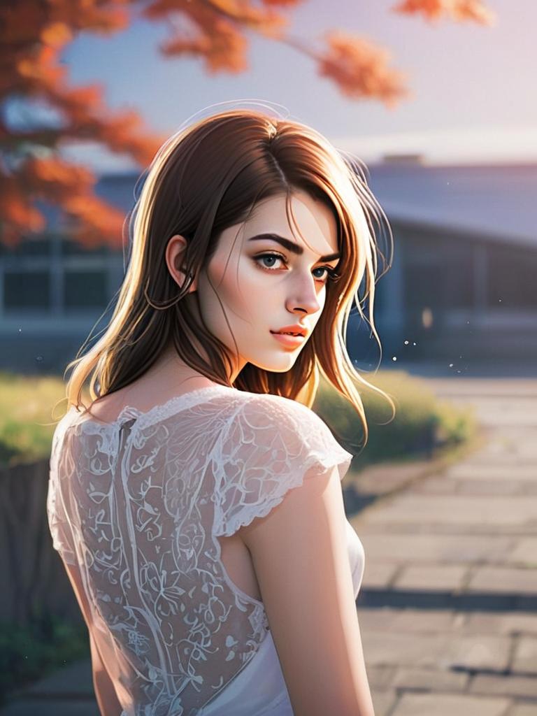 Elegant Woman in White Lace Dress Digital Illustration Outdoors