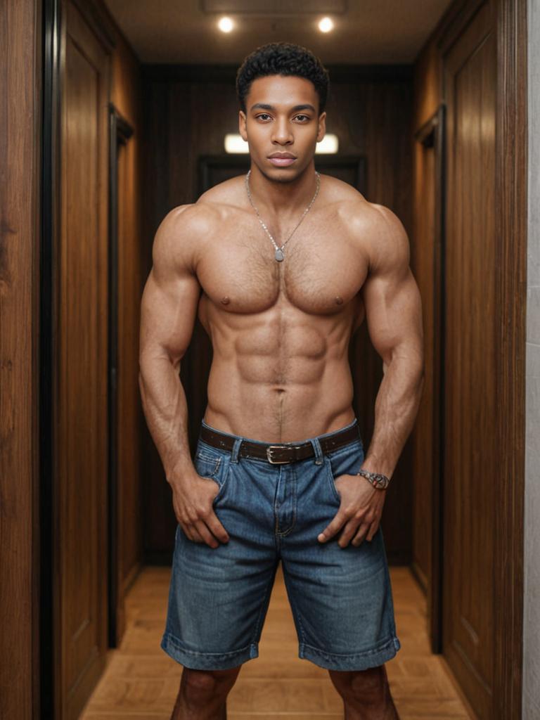 Muscular Man in Denim Shorts in Rustic Hallway