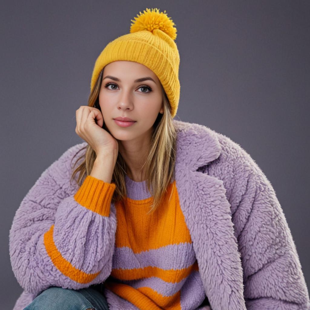 Woman in purple coat and yellow beanie