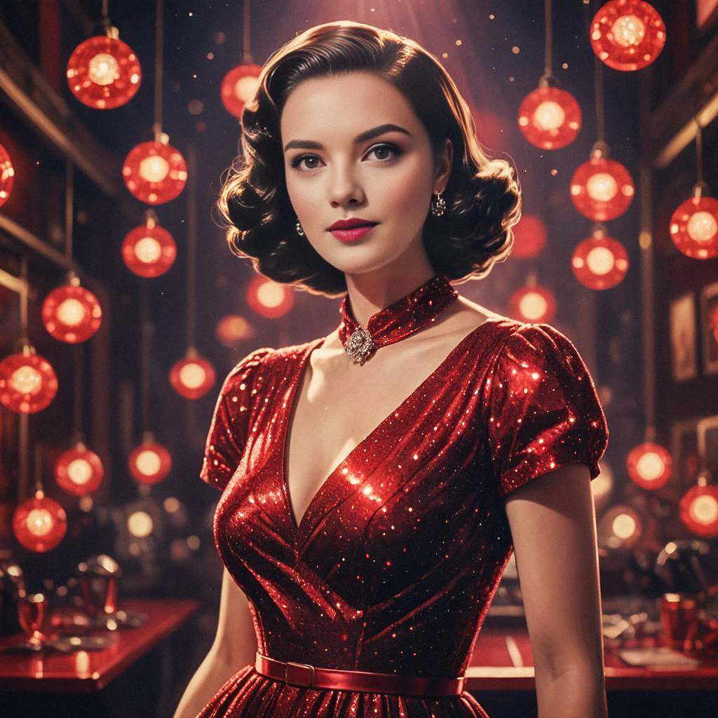 Elegant Woman in Red Dress with Lanterns Elegant Woman in Red Dress with Lanterns