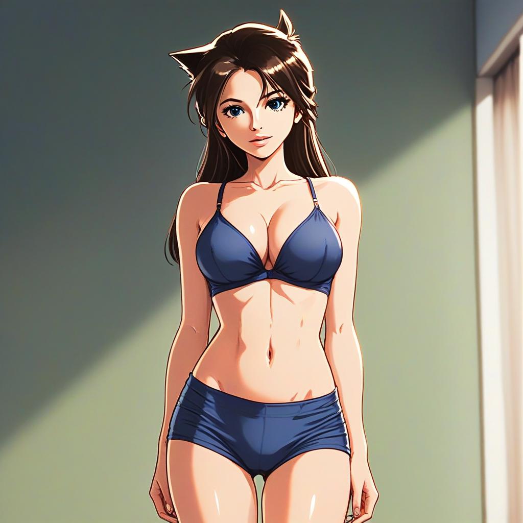 Anime Style Woman in Blue Sportswear with Cat Ears Illustration