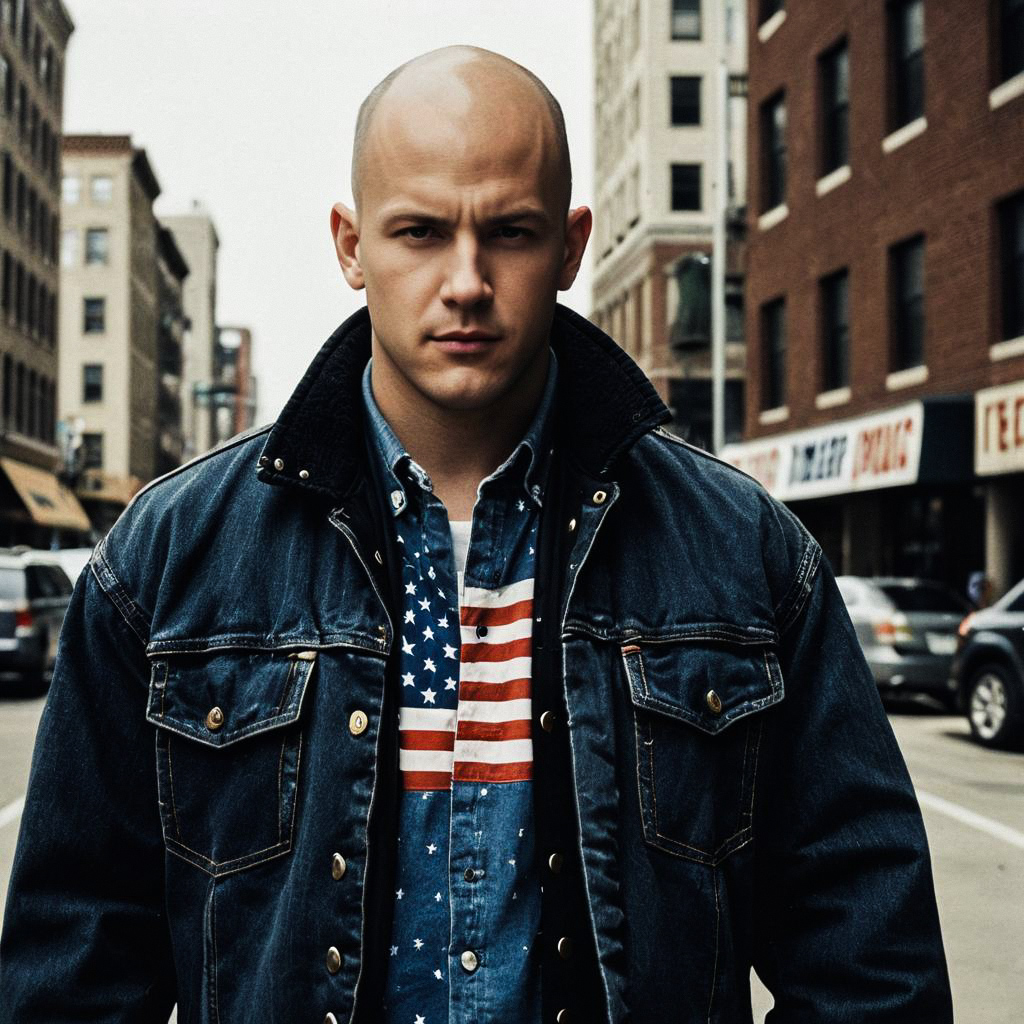 Confident Bald Man in Denim Jacket on Urban Street Confident Bald Man in Denim Jacket on Urban Street