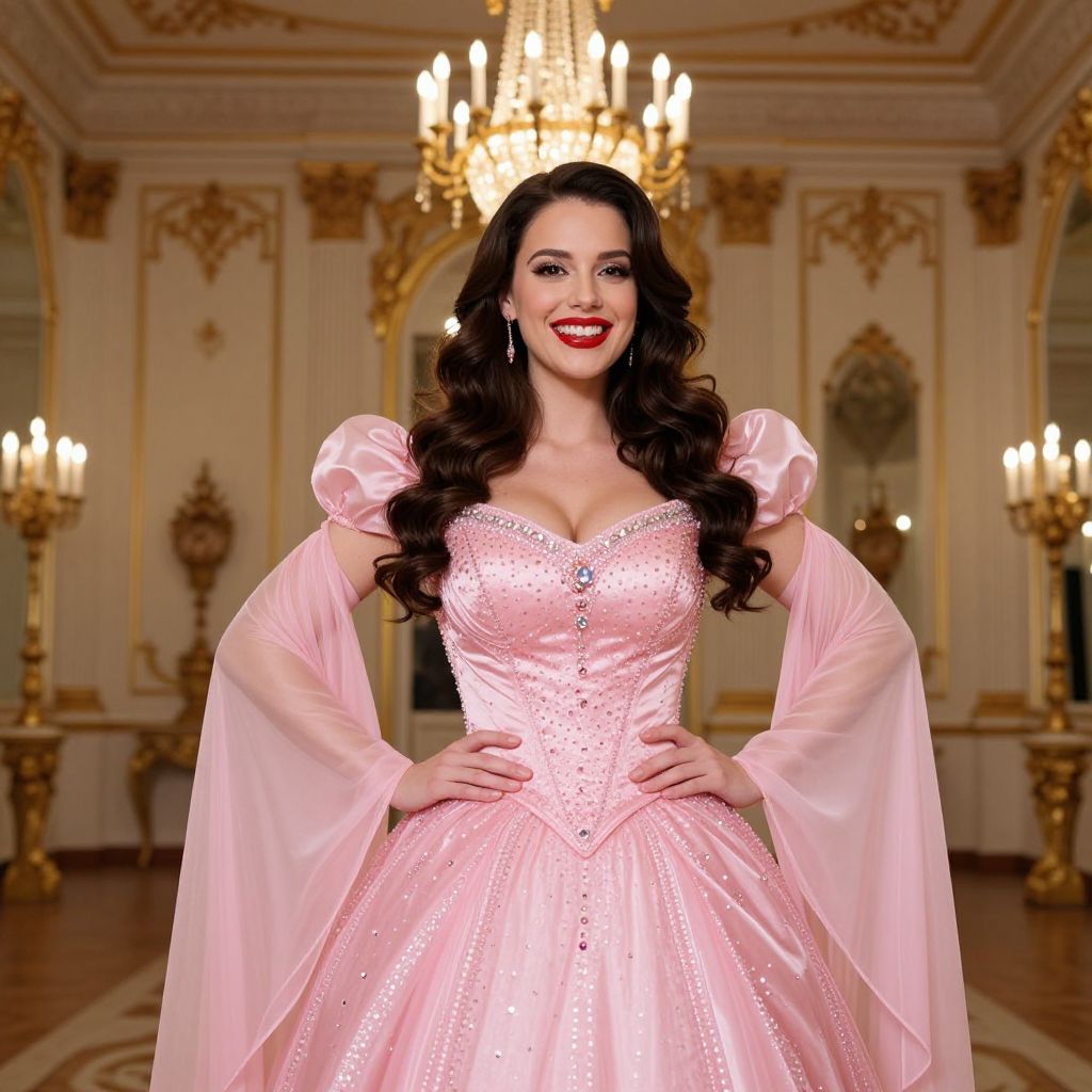 Elegant Woman in Pink Satin Ball Gown in Luxurious Ballroom