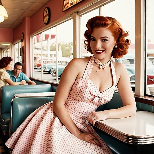 1950s Pin-Up Style Woman in Polka Dot Dress at Retro Diner