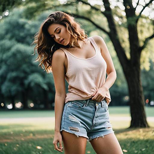Young Woman in Casual Summer Outfit Outdoors in Park