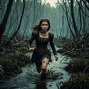 Young Woman in Medieval Leather Outfit Running in Misty Swamp