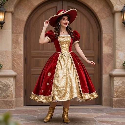 Woman in Red and Gold Vintage Dress with Wide-Brimmed Hat