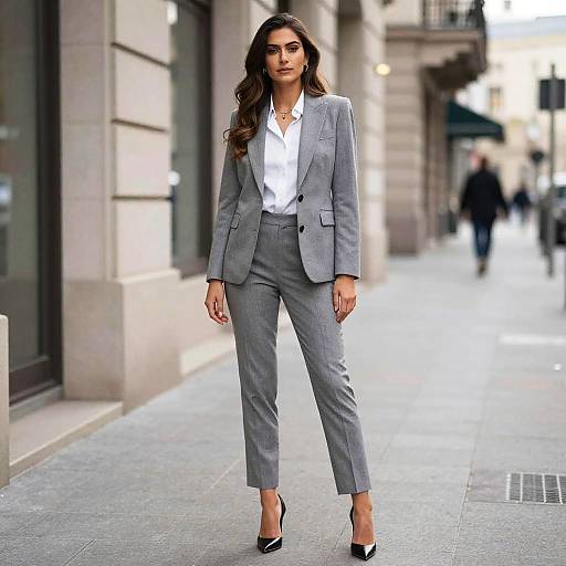 Woman in Stylish Gray Suit and White Shirt Standing on City Sidewalk