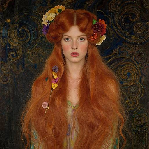 Red-Haired Woman with Flower Adornments in Vintage Pre-Raphaelite Style