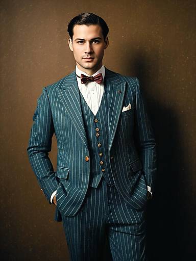 Man in 1920s Retro Pinstripe Suit with Bow Tie Full Body Portrait