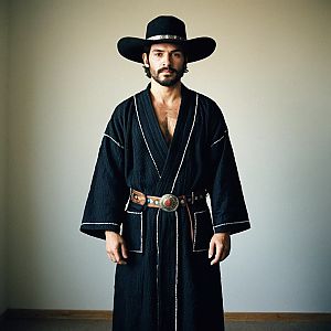 Man in Black Robe with Cowboy Hat and Leather Belt