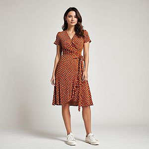 Contemporary Burnt Orange Knee-Length Wrap Dress with White Polka Dots