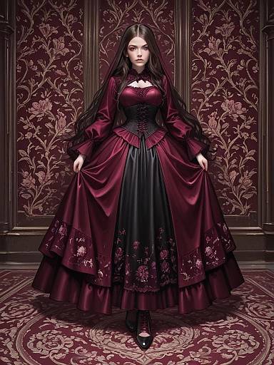Realistic Portrait of Woman in Burgundy Corset-Inspired Victorian Dress