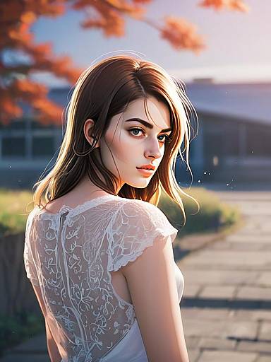 Elegant Woman in White Lace Dress Digital Illustration Outdoors
