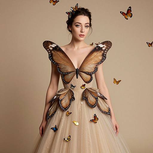 Elegant Woman in Beige Butterfly Wing Dress with Surrounding Butterflies